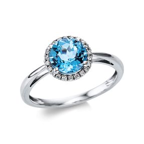 Ring aus 750 Weißgold Topas 1,7ct blau 22 Brillanten 0,1ct TW-SI B:9mm 4er-Krappe