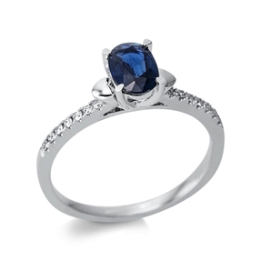 Ring aus 750 Weißgold Saphir 1,14ct blau 18 Brillanten 0,13ct TW-SI B:14mm