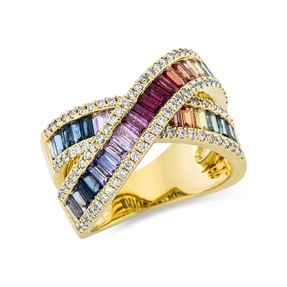 Ring 750 Gelbgold 39 Saphire 2,86ct mehrfarbig 106 Brillanten 0,64ct TW-SI B:13,4mm