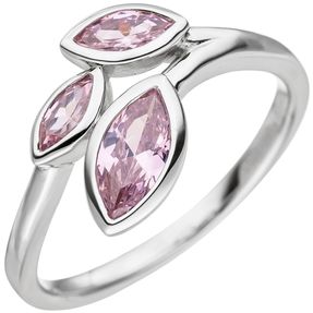 Ring 3 spitz-ovale Blätter mit rosa Zirkonia 925 Silber Fingerschmuck Damen