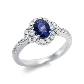 Ring aus 750 Weißgold Saphir 0,96ct blau 30 Diamanten 0,44ct TW-VSI B:10mm