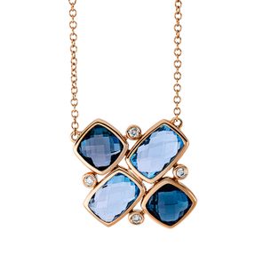 Collier 750 Rotgold 4 Topase 5,1ct London Blue 4 Brillanten 0,06ct TW-SI L:45,7cm