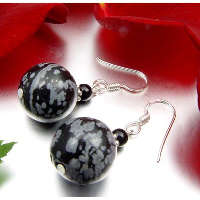 Ohrringe aus Schneeflockenobsidian und Onyx und Silber