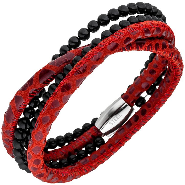 Armband aus Leder rot mit Onyx und Edelstahl 19cm