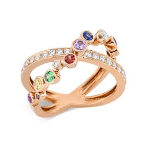 Ring gekreuzt breit aus 750 Rotgold 11 Farbsteine 0,54ct mehrfarbig mit Brillanten