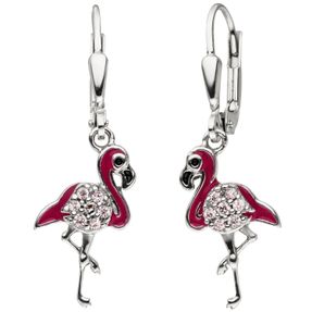 Kinder-Boutons Ohrhänger, Flamingo mit rosa Zirkonia, Lackeinlagen, 925 Silber