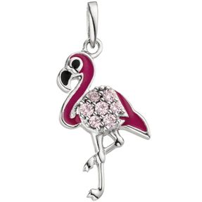 Anhänger, Flamingo mit rosafarbenden Zirkonia und Lackeinlagen, 925 Silber