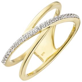 Ring Damenring elegant verformt 2-reihig mit weißen Zirkonia 375 Gold Gelbgold