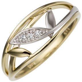 Ring Damenring, Blätter mit 3 Diamant Brillanten, 585 Gold Gelbgold Weißgold