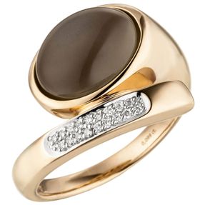 Ring mit Mondstein-Cabochon 18 Diamanten Brillanten, 585 Gold Rotgold Rosegold