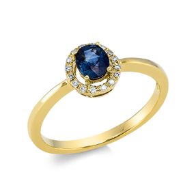 Ring Oval aus 750 Gelbgold Saphir 0,45ct blau 16 Brillanten 0,05ct TW-PI B:7,5mm