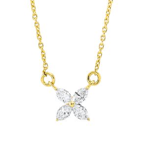 Collier Blume aus 750 Gelbgold 4 Diamanten Navette-Schliff 0,3ct TW-SI L:44cm