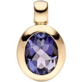 Anhänger Halsschmuck mit blauen Iolith London-Blue, oval, 585 Gold Gelbgold