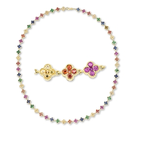 Collier aus 750 Gold Gelbgold 285 Saphire 9,72ct mehrfarbig L:45cm