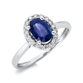 Ring Oval aus 750 Weißgold Saphir 0,9ct blau 18 Diamanten 0,2ct TW-SI B:9mm