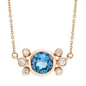 Collier aus 750 Rotgold Topas 1,16ct London Blue 6 Brillanten 0,12ct TW-PI L:47cm