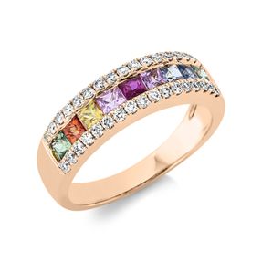 Ring aus 750 Rotgold 9 Saphire 1,01ct mehrfarbig 34 Brillanten 0,35ct TW-SI H:5,6mm