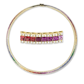 Collier aus 750 Gelbgold 142 Saphire 27,31ct mehrfarbig 568 Brillanten 5,43ct W-SI