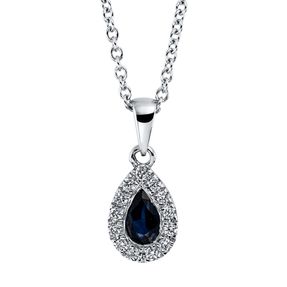 Collier Tropfen 750 Weißgold Saphir 0,39ct blau 13 Brillanten 0,08ct TW-SI L:45cm