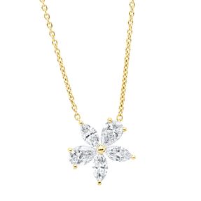 Collier Blume aus 750 Gelbgold 3 Diamanten Navette-Schliff 0,39ct W-SI L:45cm