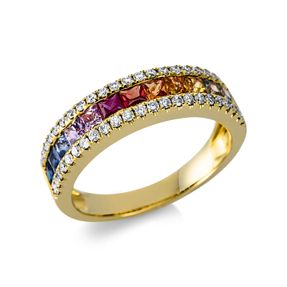 Ring 750 Gelbgold 13 Saphire 0,99ct mehrfarbig 46 Brillanten 0,29ct TW-SI B:4,8mm