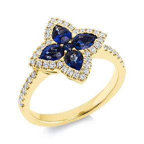 Ring aus 750 Gelbgold 5 Saphire 1,17ct blau 44 Brillanten 0,34ct TW-SI B:14,7mm