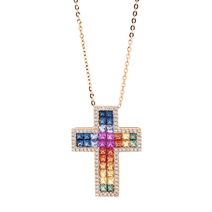 Collier Kreuz aus 750 Rotgold 34 Saphire 80 Brillanten 0.31ct