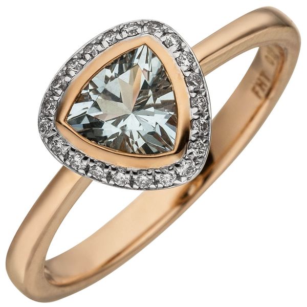 Ring Aquamarin und 21 Brillanten 0,1 Ct. 585 Rotgold