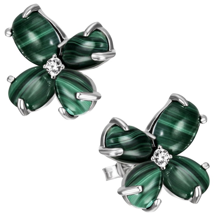 Ohrstecker Blumen mit Malachit und Zirkonia 925 Silber