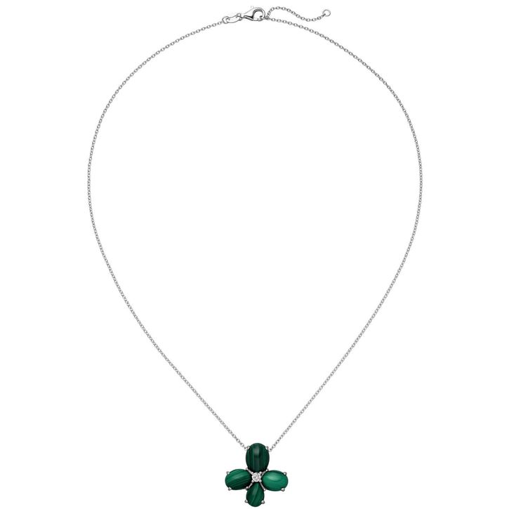 Collier Anhänger Blume Malachit und Zirkonia 925 Silber 45cm