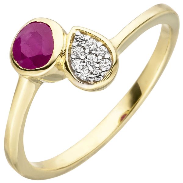 Ring mit Rubin und 9 Zirkonia 333 Gelbgold Kreis und Tropfen