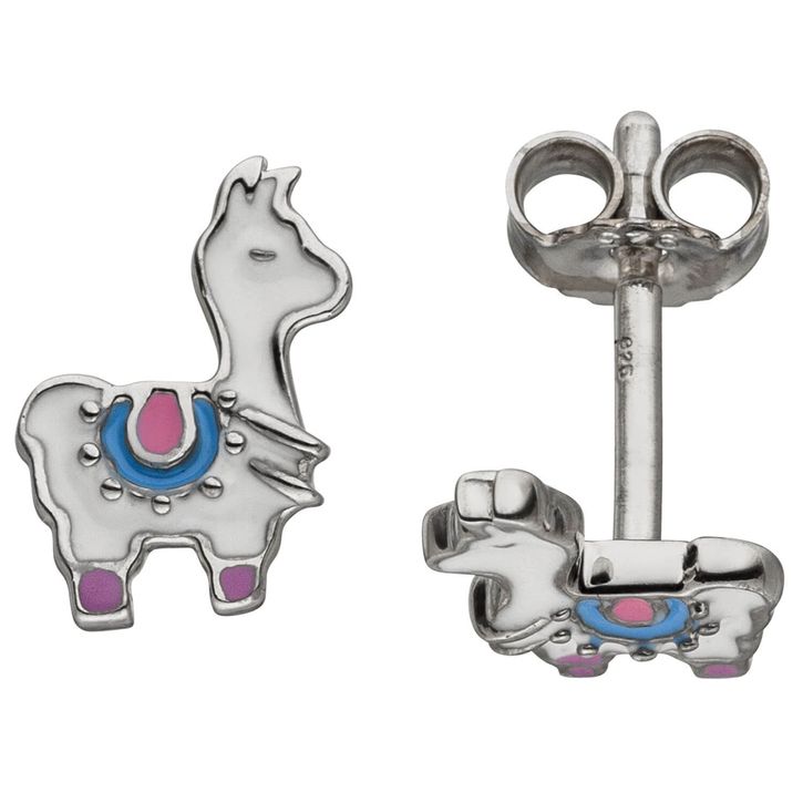 Kinder Ohrstecker Lama 925 Silber weiß-pink-blau