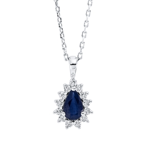 Collier Tropfen 750 Weißgold Saphir 0,21ct blau 13 Brillanten 0,09ct TW-SI L:45cm