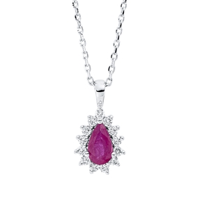 Collier Tropfen 750 Weißgold Rubin 0,26ct rot 13 Brillanten 0,09ct TW-SI L:45cm