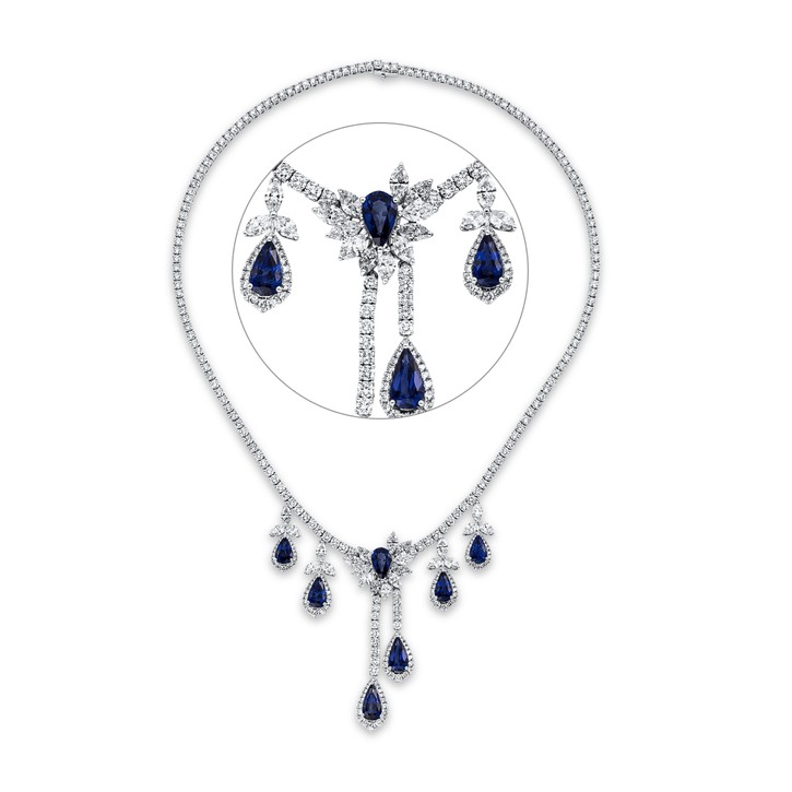 Collier aus 750 Weißgold 7 Saphire 308 Brillanten 15.83ct