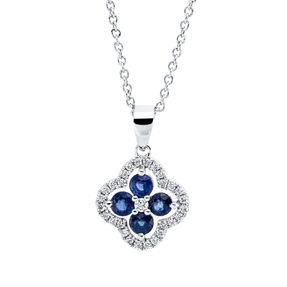 Collier Kleeblatt 750 Weißgold 4 Saphire 0,56ct blau 29 Brillanten 0,15ct TW-SI