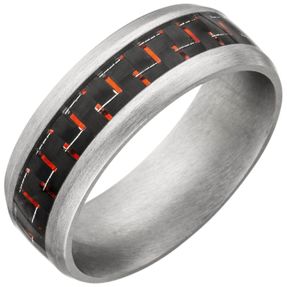 Herren Ring 8mm breit Edelstahl mattiert mit Carbon-Einlagen & roten Effekten
