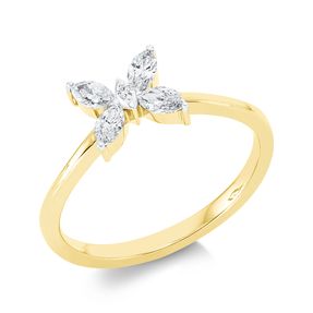 Ring Schmetterling 750 Gelbgold 5 Diamanten 0,37ct TW-SI B:6,8mm Fassung rhodiniert