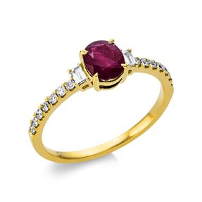 Ring aus 750 Gelbgold Saphir 0,78ct rot 16 Diamanten 0,21ct TW-SI B:8,4mm