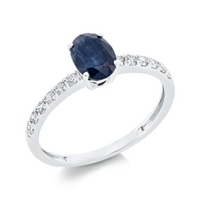 Ring Oval aus 750 Weißgold Saphir 1,18ct blau 12 Brillanten 0,22ct TW-SI B:6,8mm