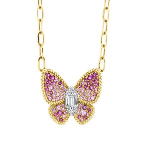 Collier Schmetterling aus 750 Gelbgold 68 Saphire 1,28ct pink 9 Diamanten 0,25ct