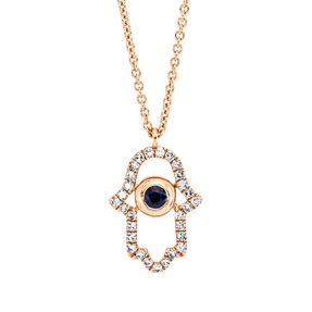 Collier Fatima Hand 585 Rotgold Saphir 0,08ct blau 29 Diamanten 0,15ct TW-PI L:46cm