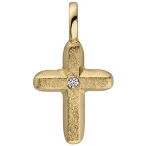 Anhänger kleines Kreuz mit Brillant 0.01Ct 585 Gold Gelbgold schlicht 15,4x8,5mm