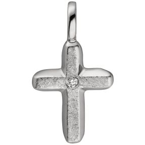 Anhänger Kreuz Diamant Brillant 585 Gold Weißgold eismatt schlicht 15,4x8,7mm