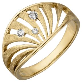 Ring aus 585 Gold Gelbgold teil-eismatt 3 Brillanten 0,10 Ct. Bogen-Muster Damen