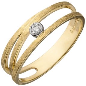 Ring 585 Gold Gelbgold teil-eismatt Diamant Brillant 0,05 Ct. Fingerring Damen