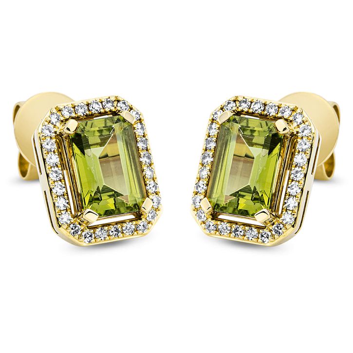 Ohrstecker aus 750 Gelbgold 2 Peridote 54 Diamanten 0.2ct