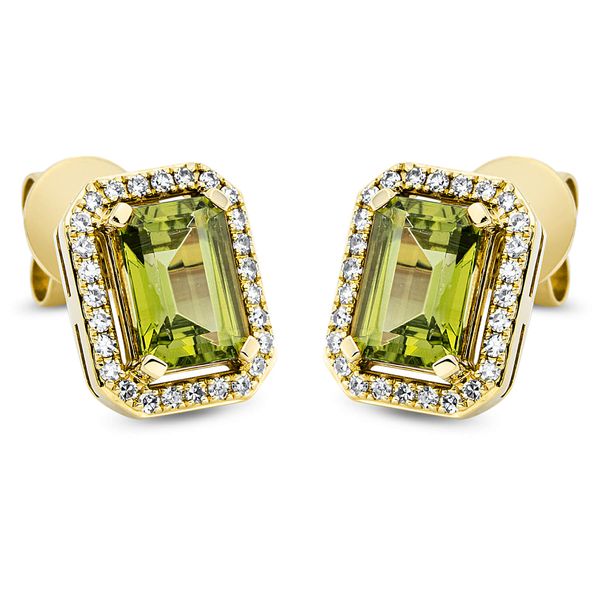 Ohrstecker aus 750 Gelbgold 2 Peridote 54 Diamanten 0.2ct