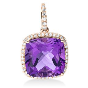 Anhänger aus 750 Rotgold Amethyst 7,4ct lila 46 Brillanten 0,21ct TW-SI 23x14,4mm