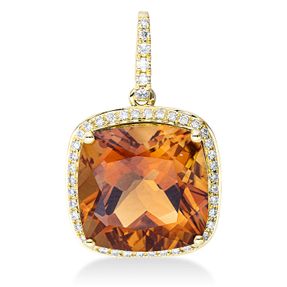 Anhänger 750 Gelbgold Citrin 7,4ct mandarin 46 Brillanten 0,21ct TW-SI 23x14,4mm